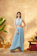 Sky Blue two piece Indo-western choli with handwork and drape skirt