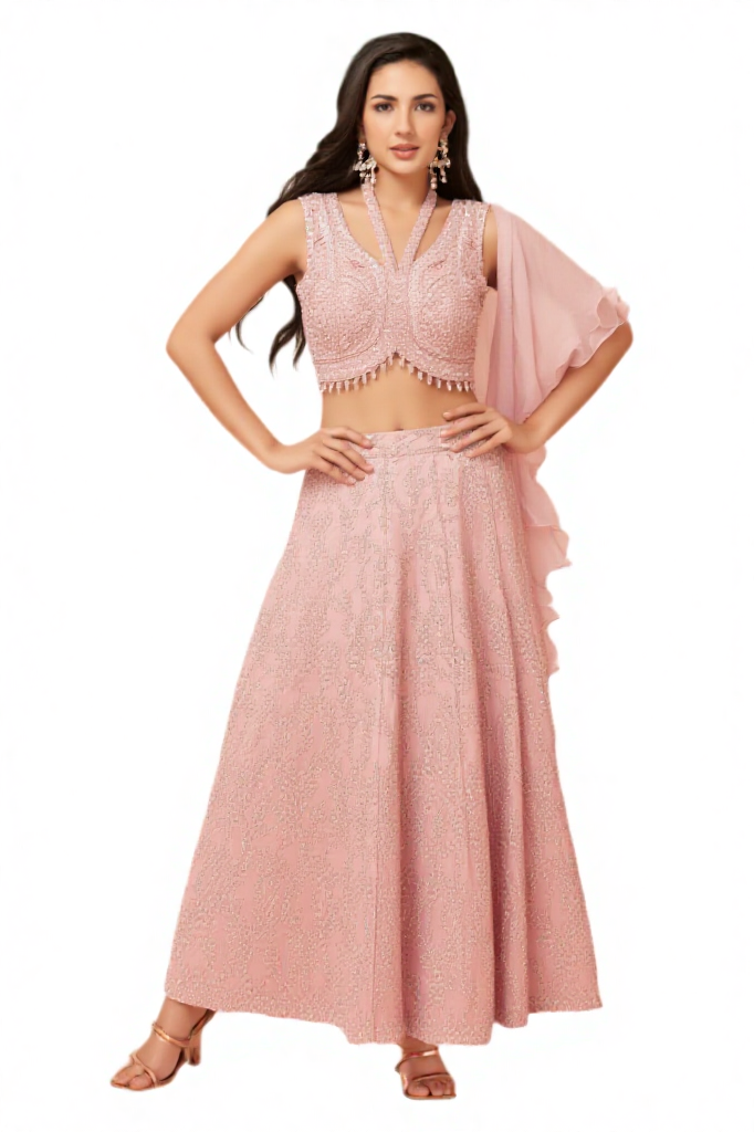 Rose Pink Embroidered Lehenga with Ruffled Dupatta