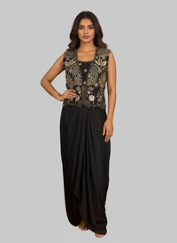 AMO-1007: Black & Gold Indo-Western Silk Ensemble with Handcrafted Embroidery