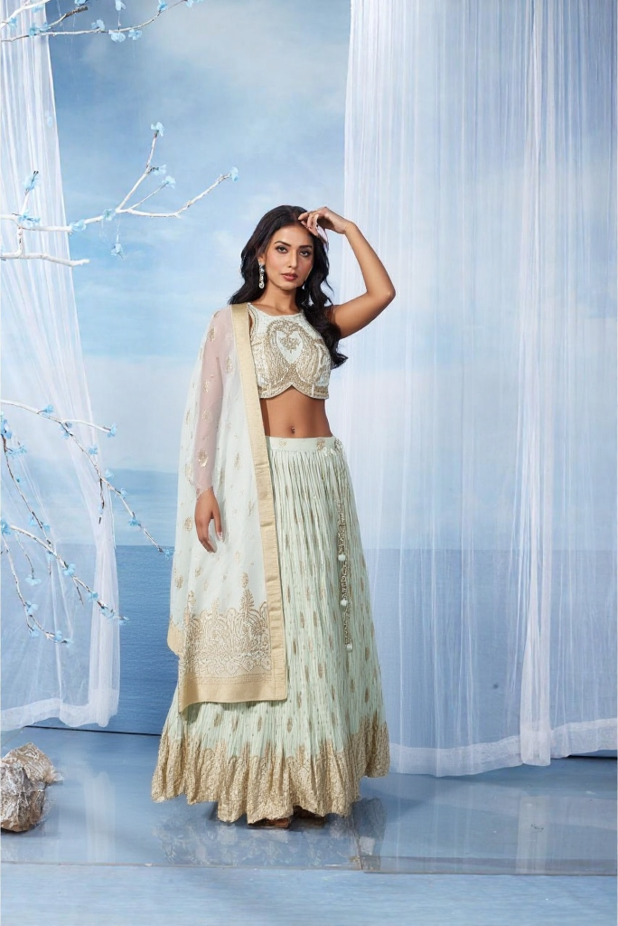 Light Green/Mint Gold Embroidered Banaras Silk Lehenga