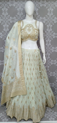 Light Green/Mint Gold Embroidered Banaras Silk Lehenga