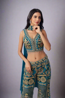 Indo Western - Peacock Blue Koti Style Short Choli with Pant Crepe Silk