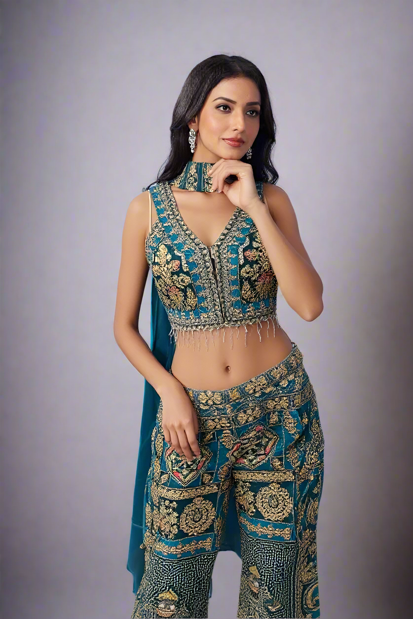 Indo Western - Peacock Blue Koti Style Short Choli with Pant Crepe Silk