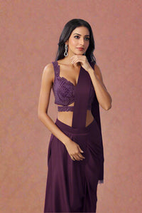 Wine Indo-Western Saree with Beadwork, Sequins Hand work