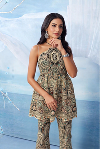 Indo Western Halter Neck Top With Flared Pant Cut Work <Navratri Special>