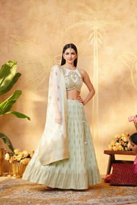 Light Green/Mint Gold Embroidered Banaras Silk Lehenga
