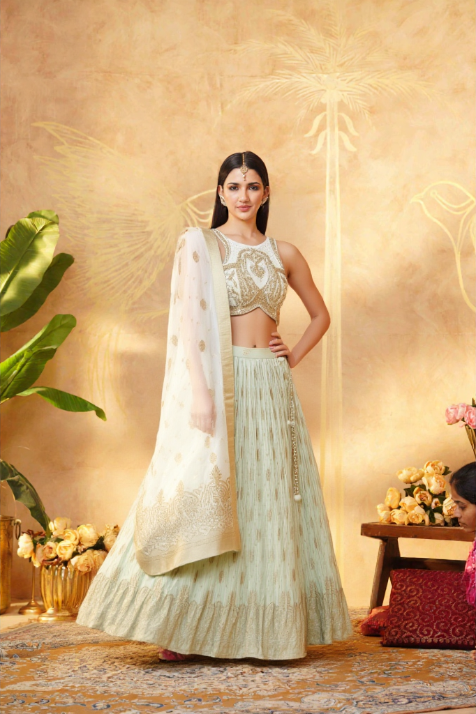 Light Green/Mint Gold Embroidered Banaras Silk Lehenga