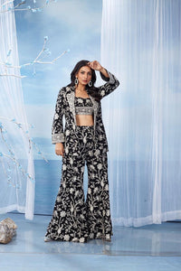 Black Embroidered Georgette Blazer Set