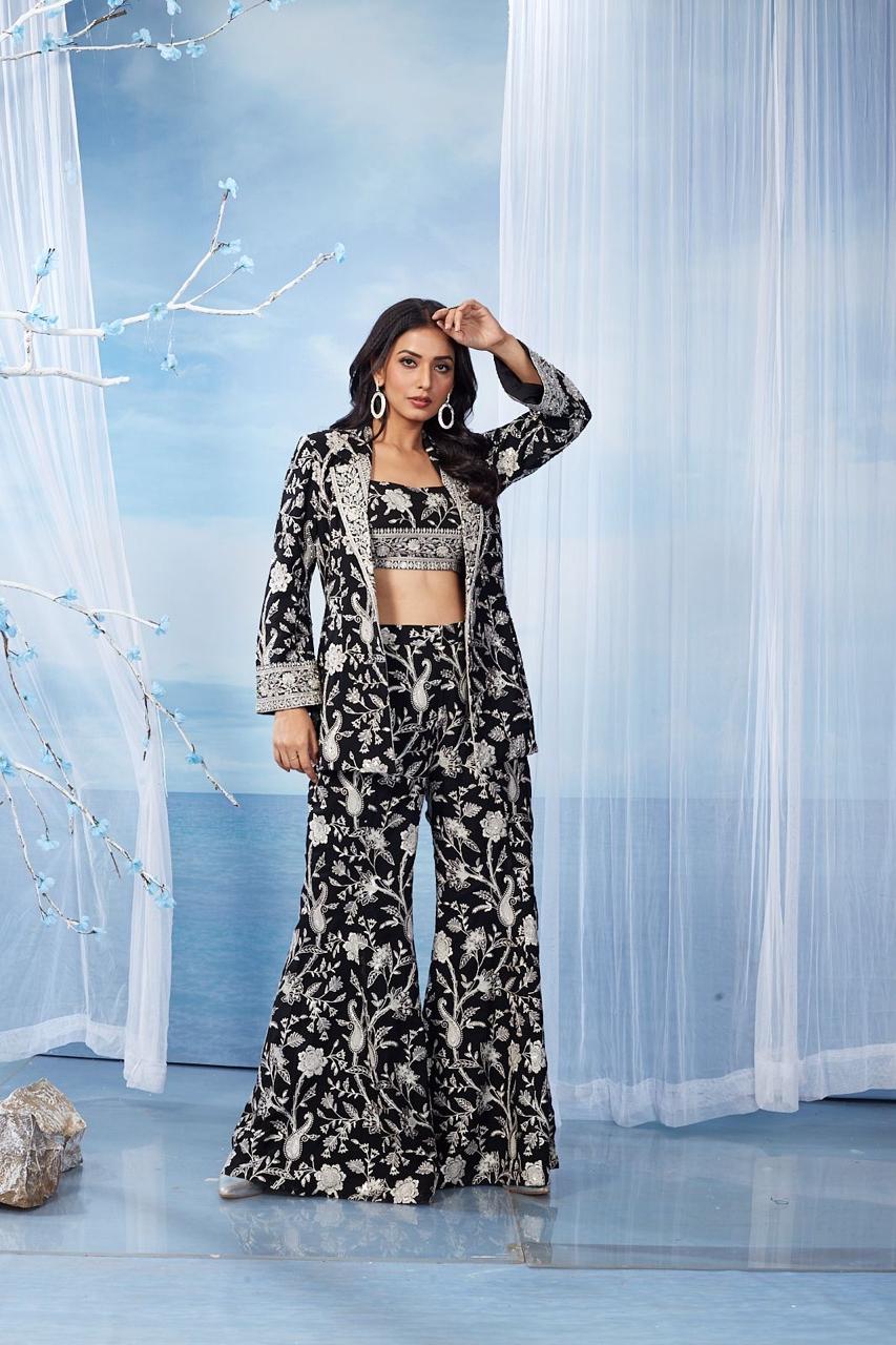 Black Embroidered Georgette Blazer Set