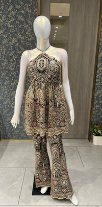 Indo Western Halter Neck Top With Flared Pant Cut Work <Navratri Special>