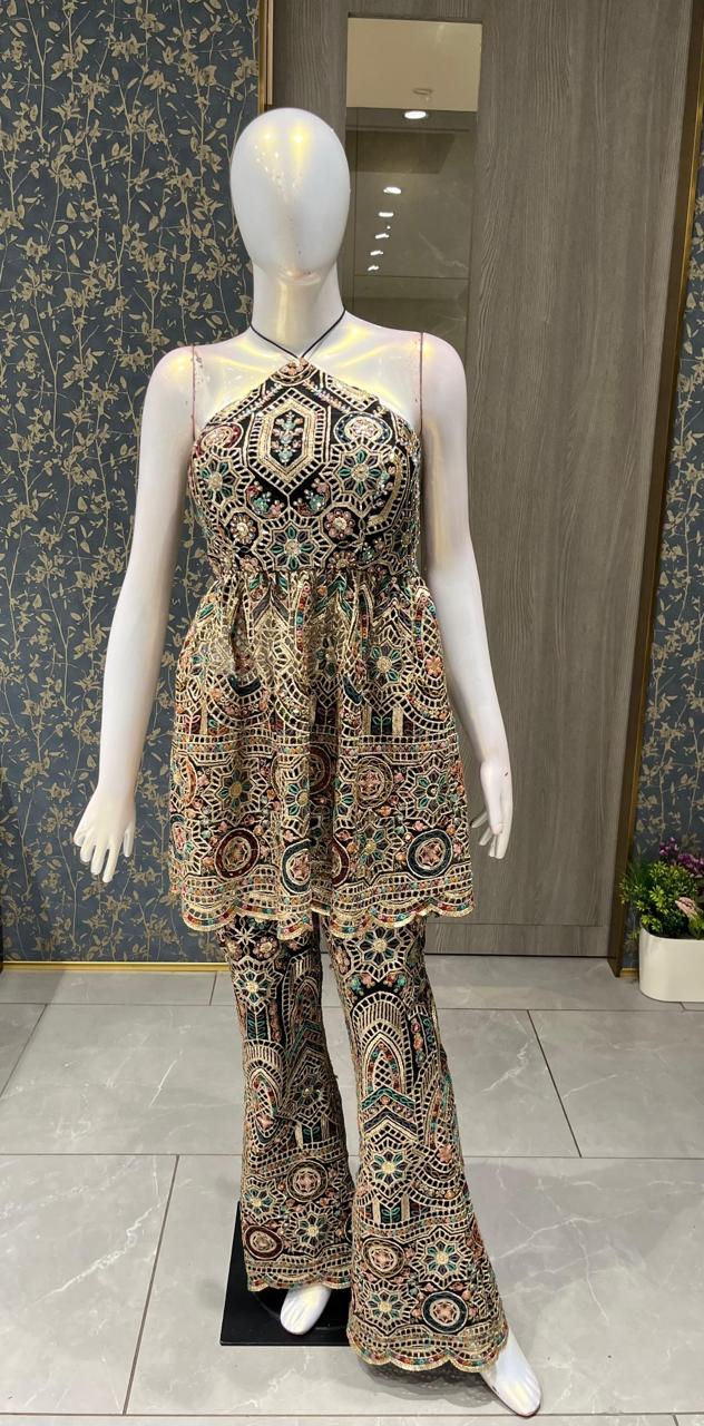Indo Western Halter Neck Top With Flared Pant Cut Work <Navratri Special>