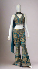 Indo Western - Peacock Blue Koti Style Short Choli with Pant Crepe Silk