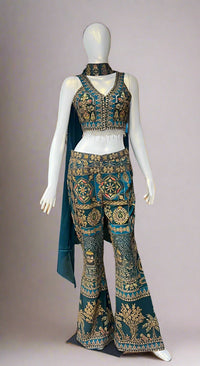 Indo Western - Peacock Blue Koti Style Short Choli with Pant Crepe Silk