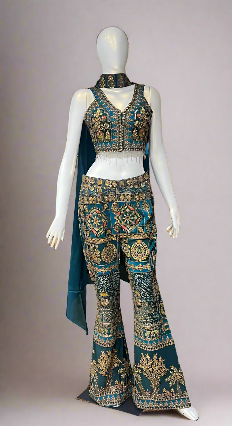 Indo Western - Peacock Blue Koti Style Short Choli with Pant Crepe Silk