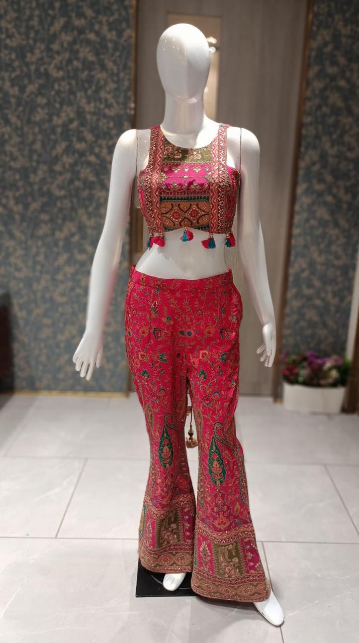 Indo Western co-ord set in bold, vibrant Pink with Gujrathi/Rajasthani influences