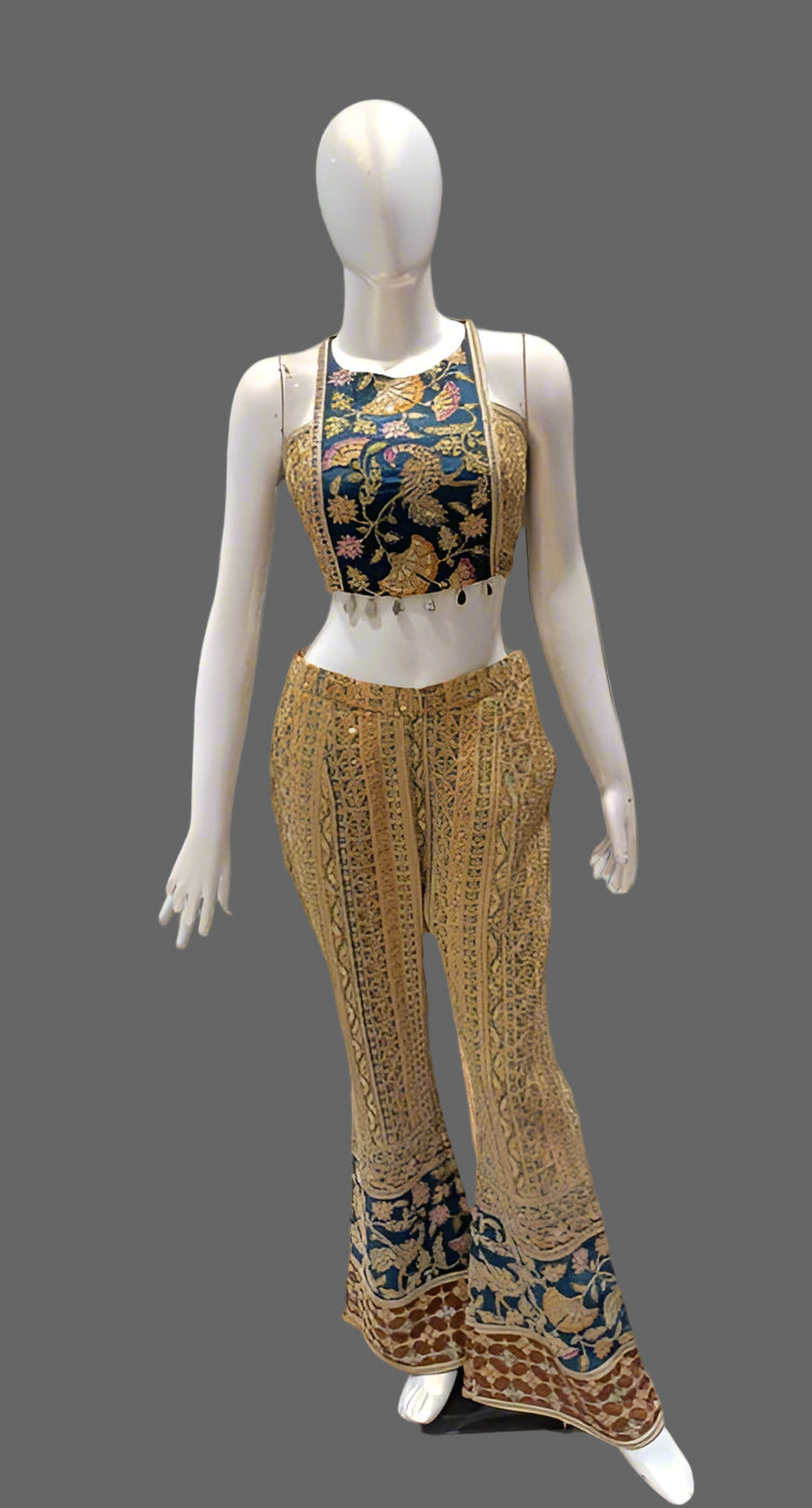 Peacock Blue Indo Western co-ord set Choli & Pant with Posh Print