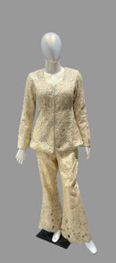 Golden/Beige Koti Set with Bell-Bottom Cut Work, Zari and Sequin Embroidery