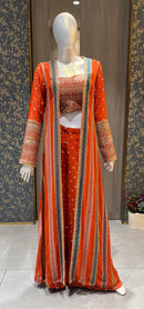 Indo Western - Rust orange Long Jacket With Palazzo
