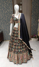 Deep Navy Blue - Ghagra Choli Machine Embroidery