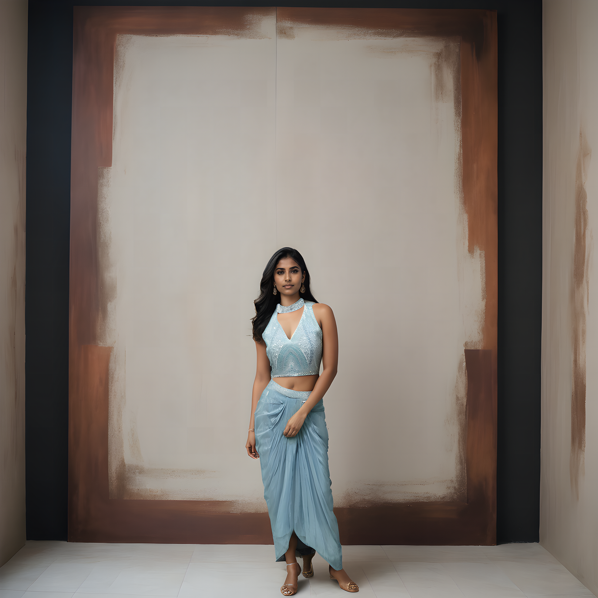 Sky Blue two piece Indo-western choli with handwork and drape skirt