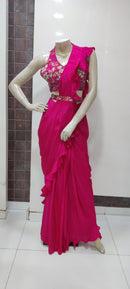 Bright pink designer drape saree spegetti choli hand work , Indo Western