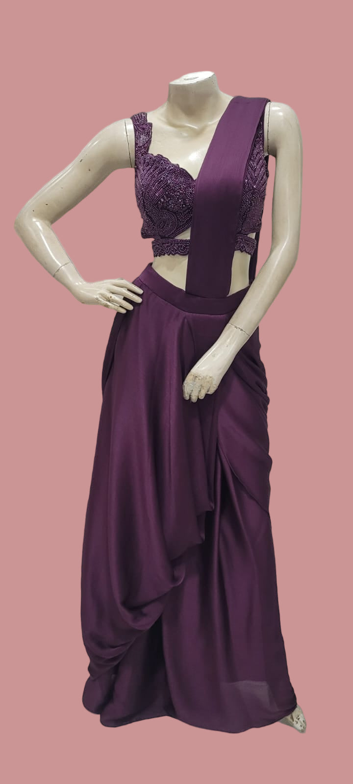 Wine Indo-Western Saree with Beadwork, Sequins Hand work