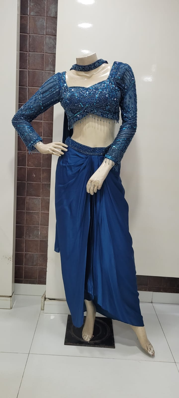 Teal Blue Indo-Western Full Sleeves Handwork Choli Tulip Skirt style