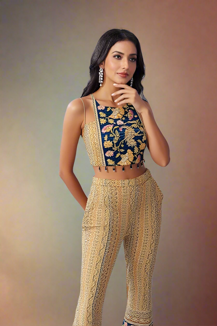 Peacock Blue Indo Western co-ord set Choli & Pant with Posh Print