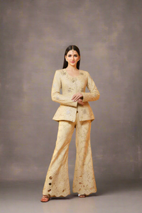 Golden/Beige Koti Set with Bell-Bottom Cut Work, Zari and Sequin Embroidery