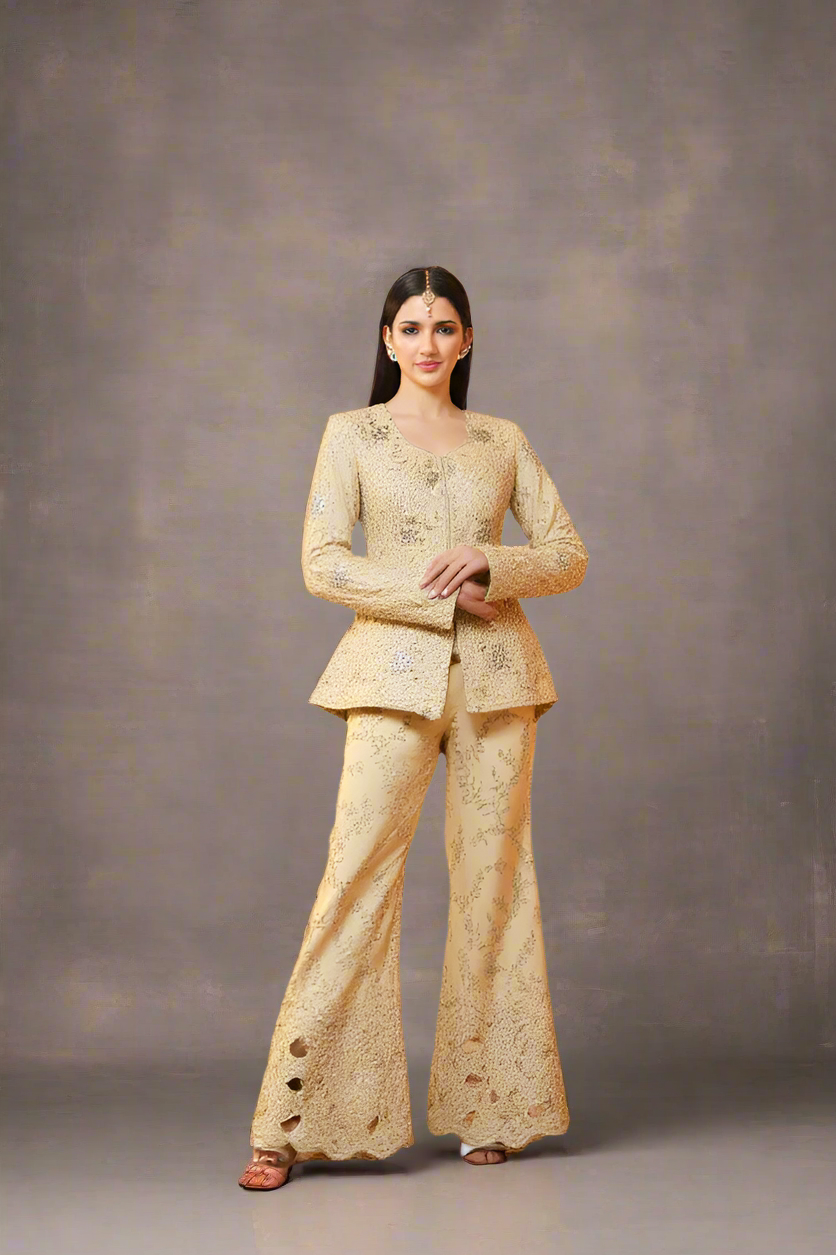 Golden/Beige Koti Set with Bell-Bottom Cut Work, Zari and Sequin Embroidery