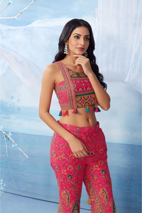 Indo Western co-ord set in bold, vibrant Pink with Gujrathi/Rajasthani influences