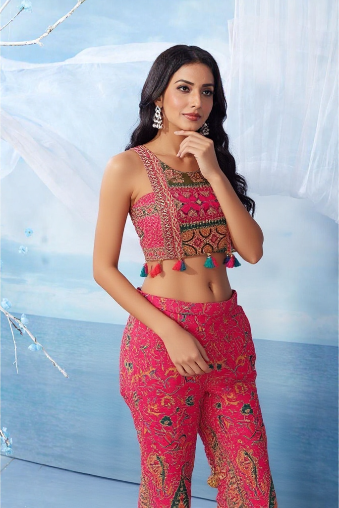 Indo Western co-ord set in bold, vibrant Pink with Gujrathi/Rajasthani influences