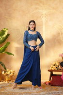 Teal Blue Indo-Western Full Sleeves Handwork Choli Tulip Skirt style