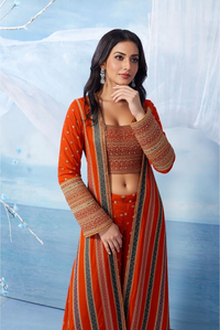 Indo Western - Rust orange Long Jacket With Palazzo