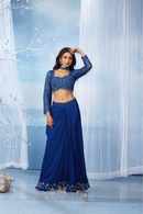 Teal Blue Indo-Western Full Sleeves Handwork Choli Tulip Skirt style