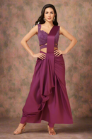 Wine Indo-Western Saree with Beadwork, Sequins Hand work