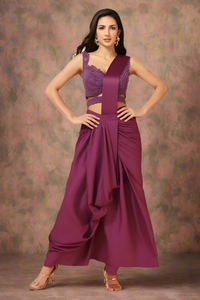 Wine Indo-Western Saree with Beadwork, Sequins Hand work