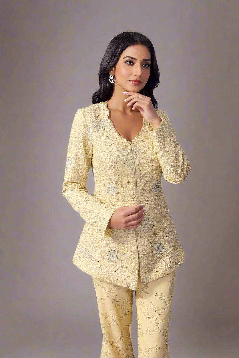 Golden/Beige Koti Set with Bell-Bottom Cut Work, Zari and Sequin Embroidery