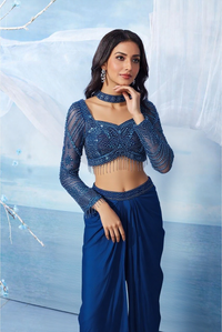 Teal Blue Indo-Western Full Sleeves Handwork Choli Tulip Skirt style