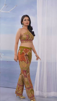 Backless Halter Co-ord Set  Short Choli With Pant Crepe Silk