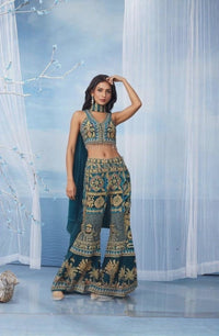 Indo Western - Peacock Blue Koti Style Short Choli with Pant Crepe Silk